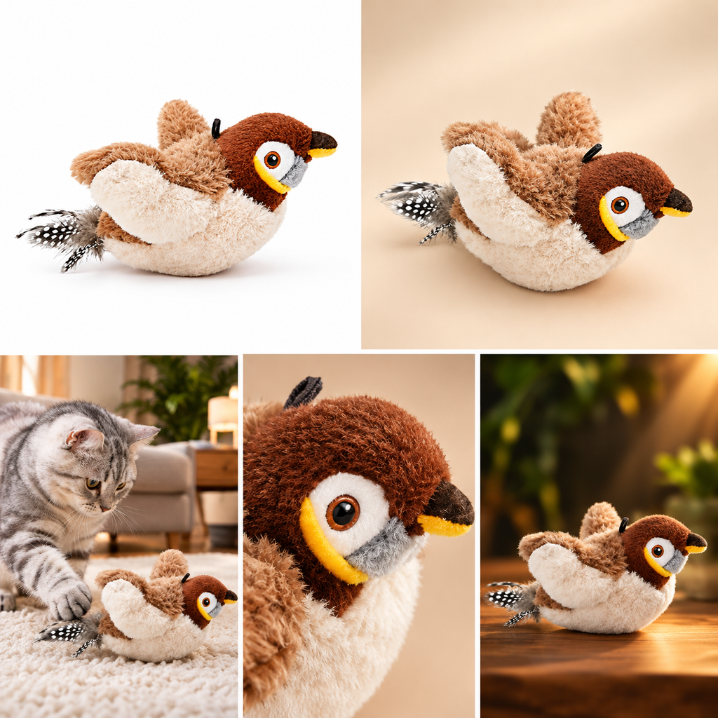 Pipaw · Pájaro interactivo recargable con aleteo y trinos para gatos